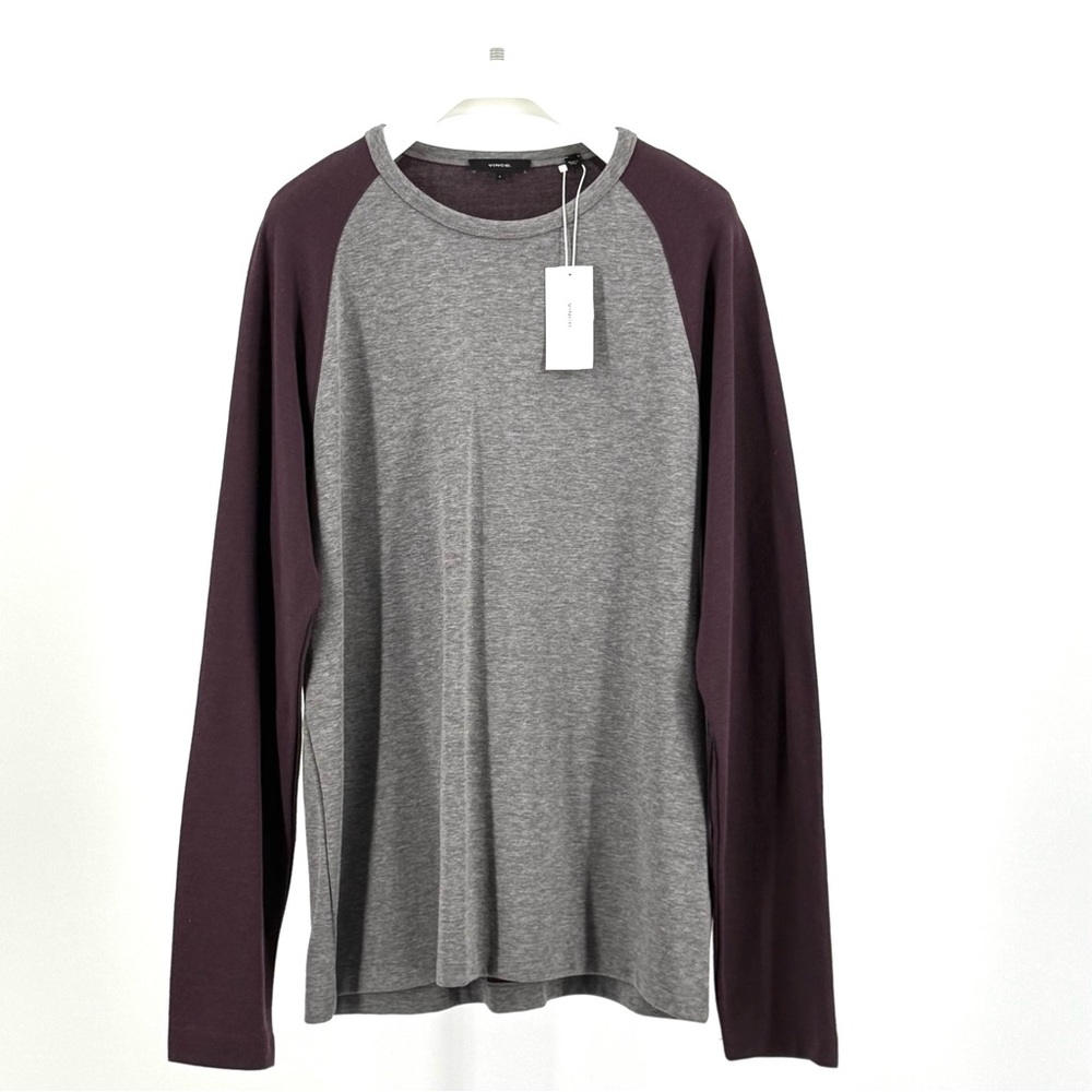 Vince Men’s Color Block Knit Long Sleeve Crew Maroon Gray Size L NWT